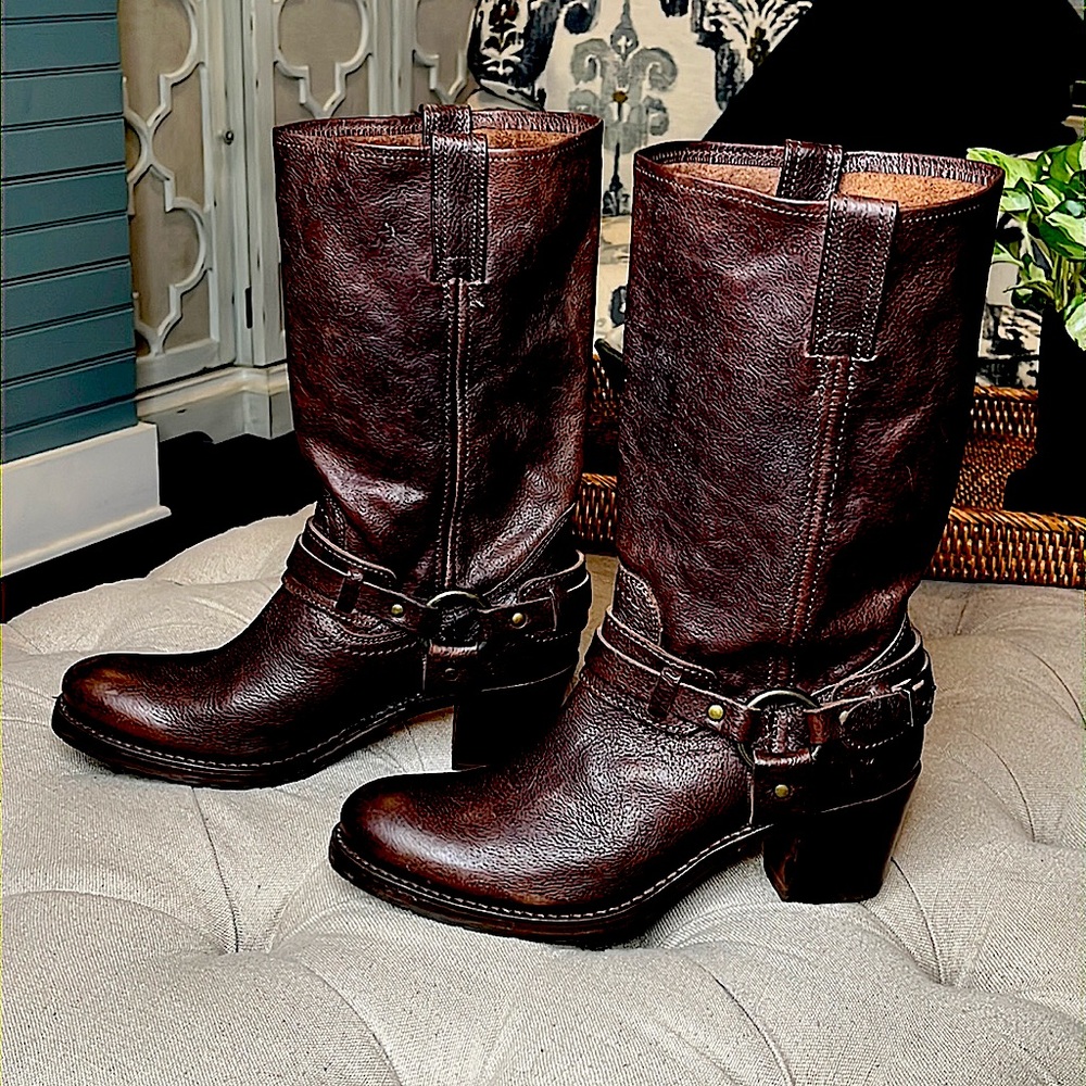 Frye Jane Belted Tall Leather Boots Brown Size 8.5B